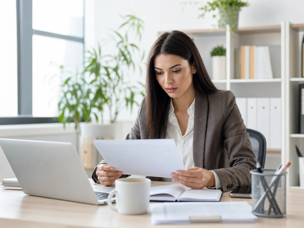 Professional reviewing grant documentation and blueprints
